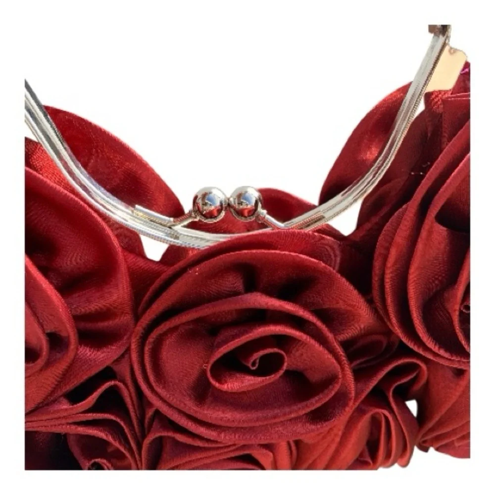 Elegant Red Rose Clutch with Silver Handle Formal Holiday